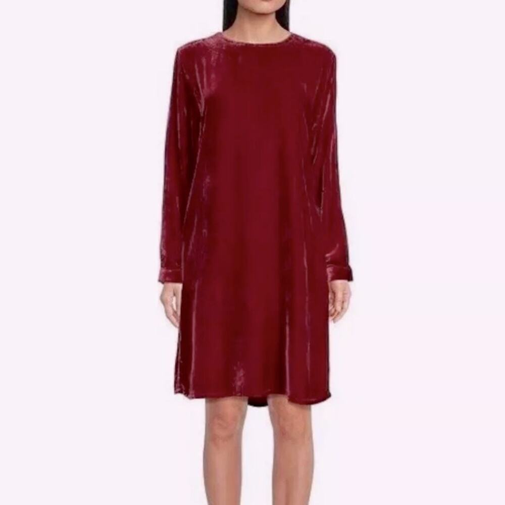 NWT Eileen Fisher Ruby easy fit crew neck knee length silk velvet dress, M